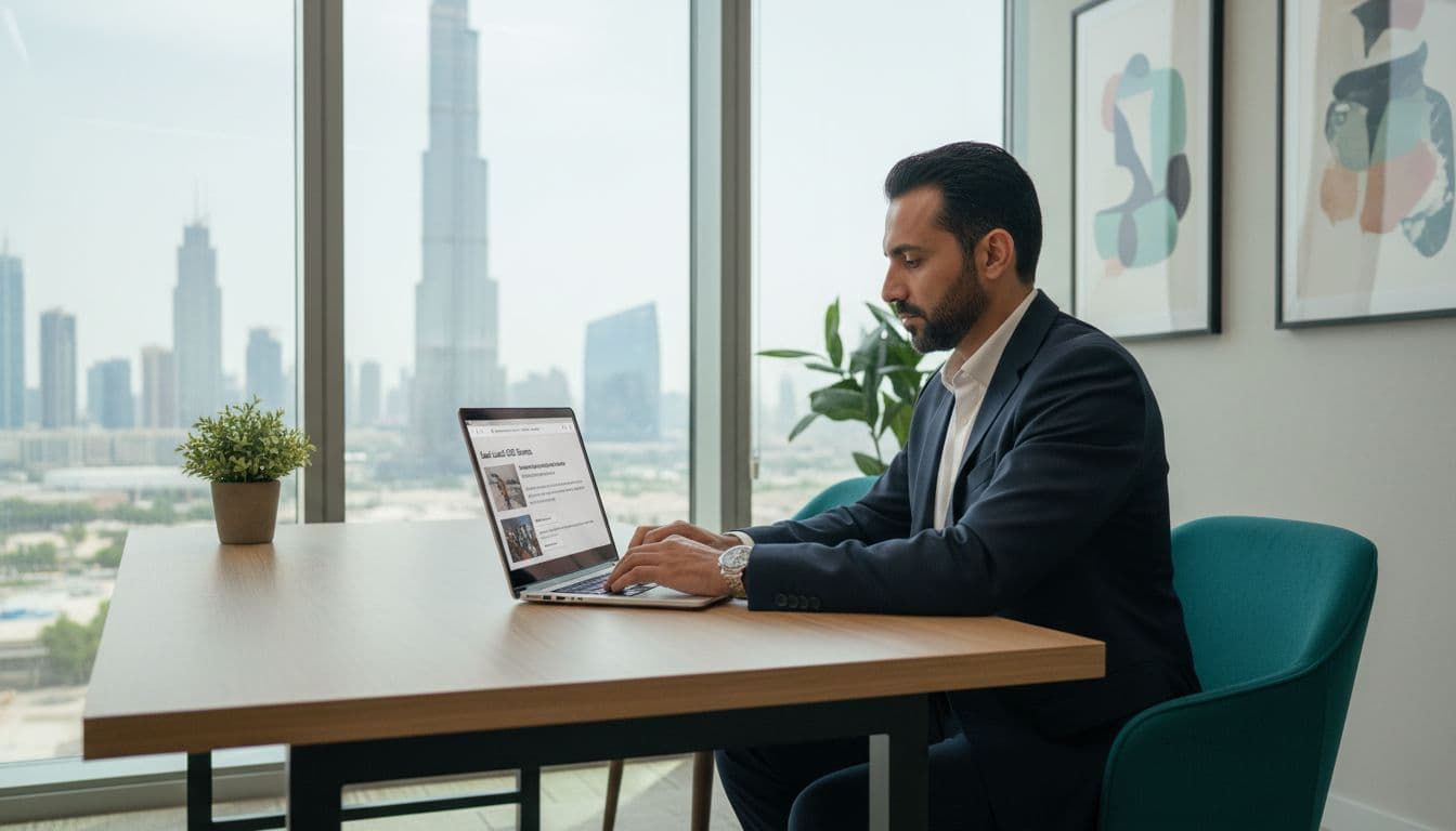Emirati man at desk in modern Dubai office, hands on laptop keyboard, Burj Khalifa through window.