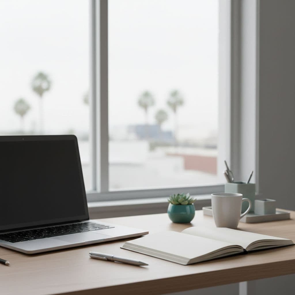 Clean modern office desk holds closed silver laptop and open notebook with pen, soft natural light from background window.