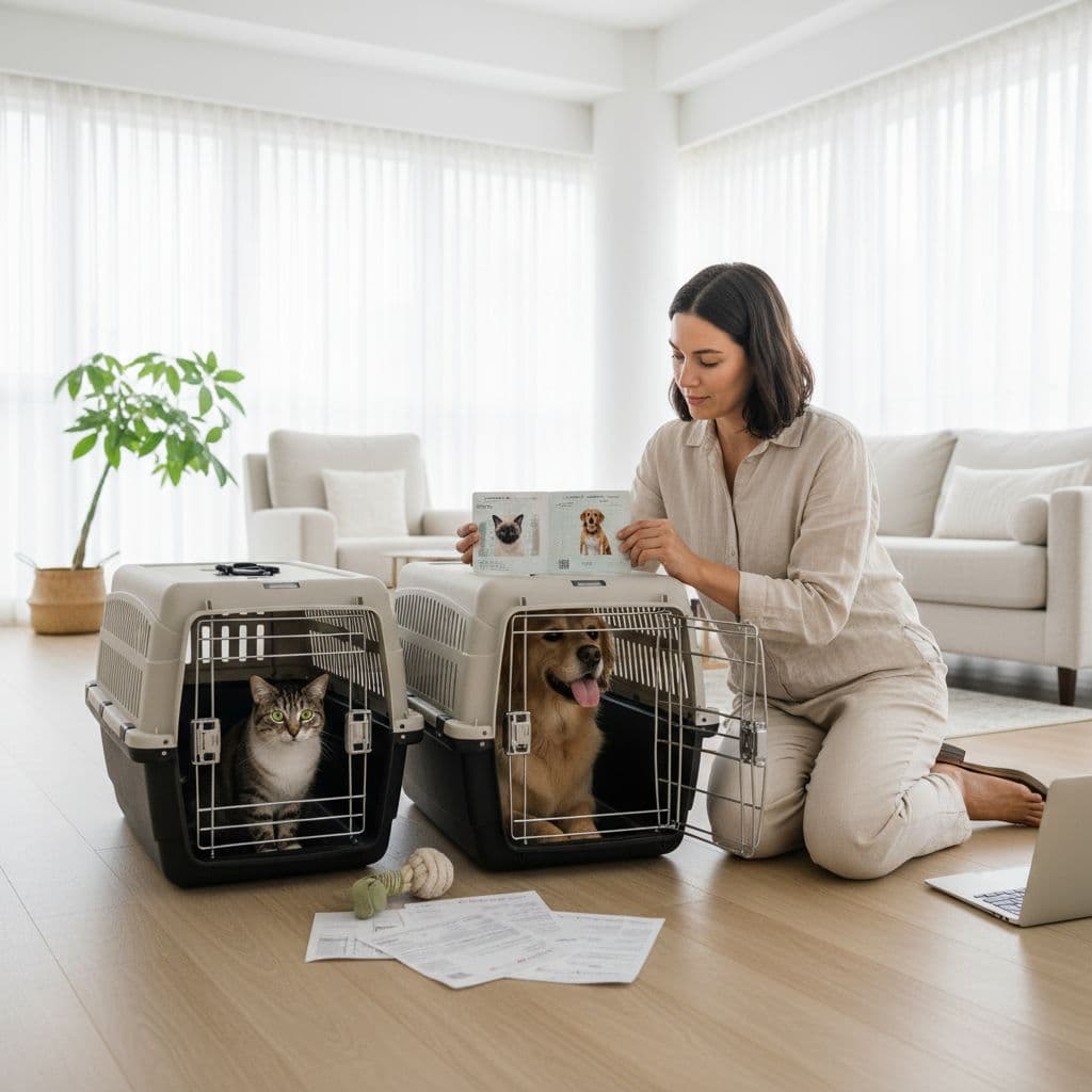 Person examines travel documents next to cat and dog in crates in bright apartment.