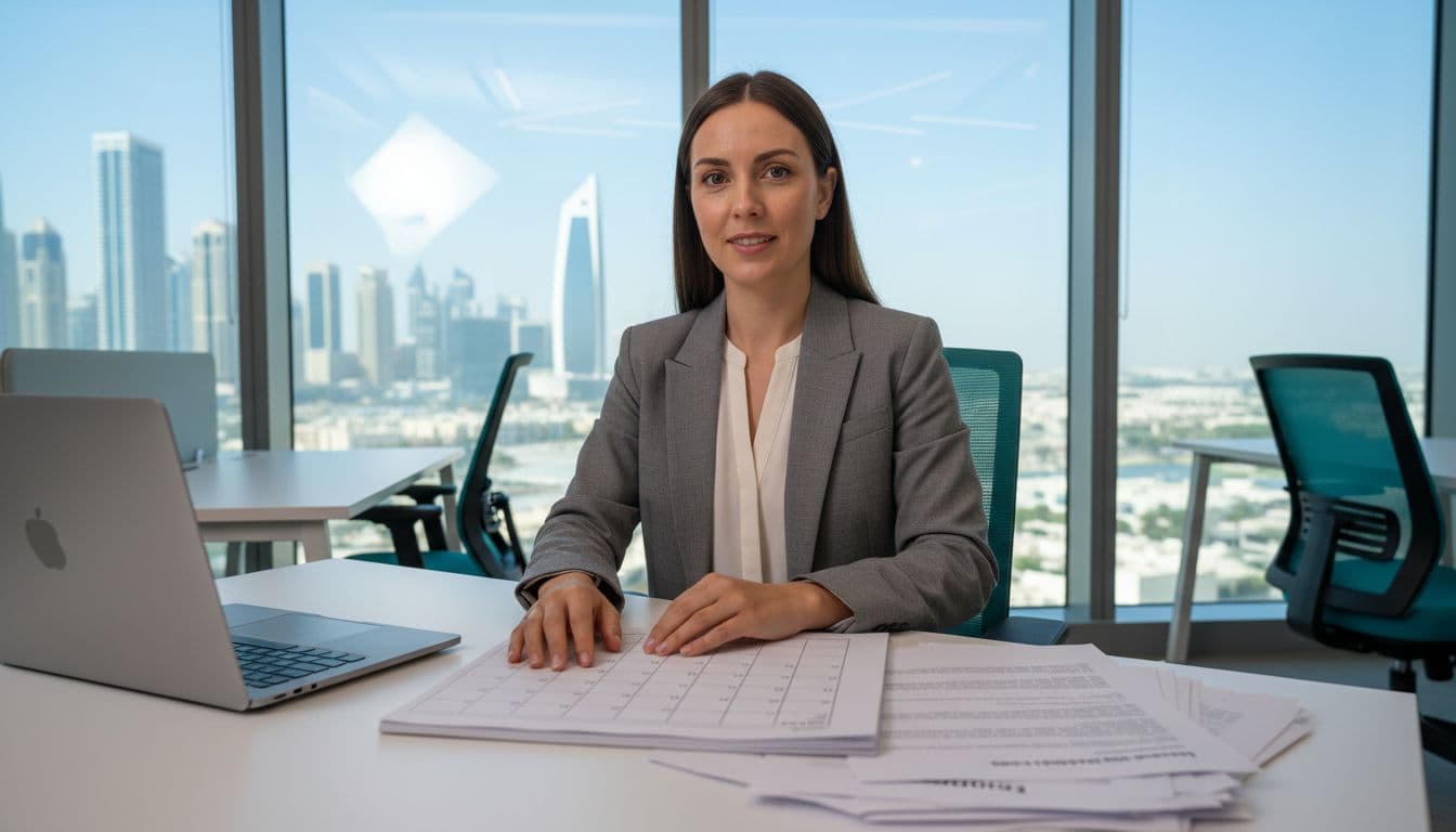 British woman in professional attire at a desk in Dubai coworking space, reviewing calendar and documents for employee maternity leave planning, with open laptop and city skyline through window.