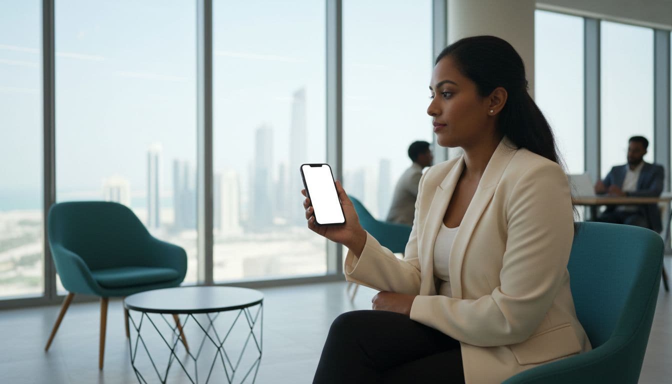 South Asian woman in Abu Dhabi coworking space holds smartphone at angle viewing local searches amid UAE cityscape.