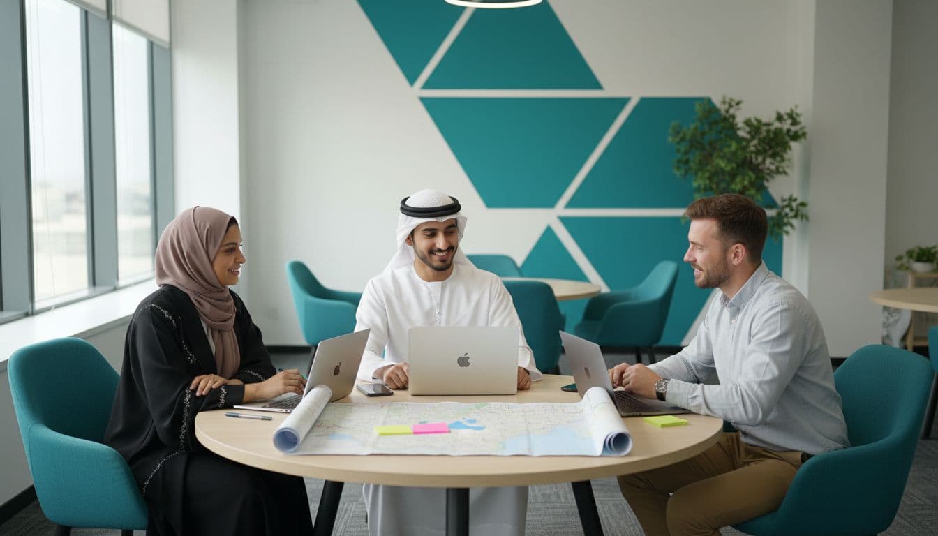 Three diverse UAE entrepreneurs (Emirati man, Arab woman, British man) collaborate in a modern Sharjah coworking space with teal accents, discussing local SEO strategies for AI search around a table with laptops and UAE map.