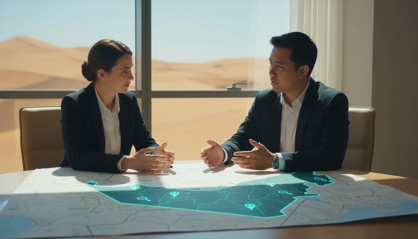 Filipino and British professionals review UAE map and service icons at table in Sharjah office.