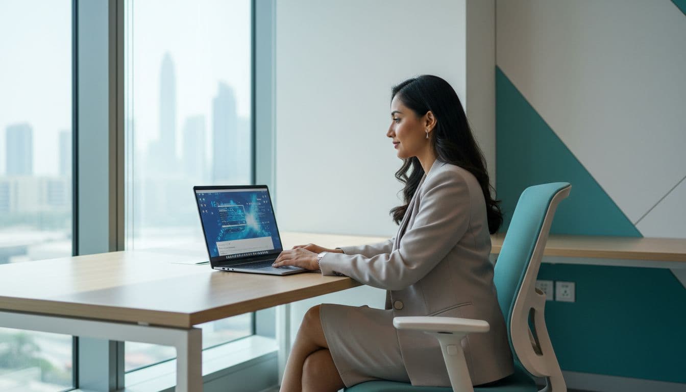 A diverse South Asian woman in business attire sits at a modern desk in a bright Dubai coworking space with teal accents, reviewing blurred AI search results on her laptop screen. Professional editorial photography style featuring natural window light and a faint city skyline.